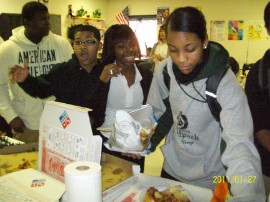 Majorettes and Drummers in after school pizza  video meeting